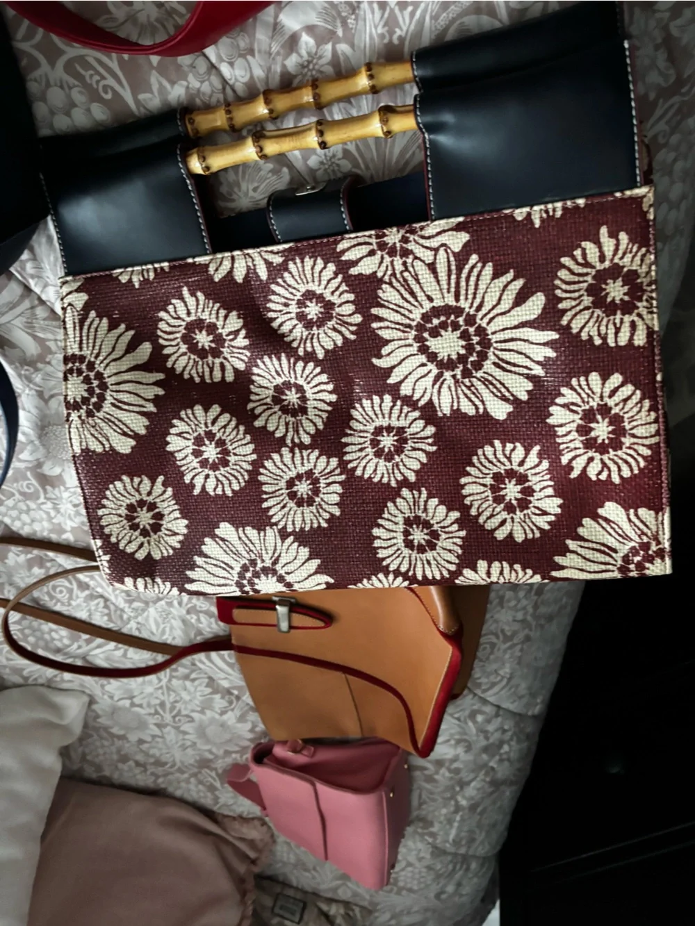 Tommy Hilfiger Burgundy Floral Jacquard Tote with Bamboo Handles